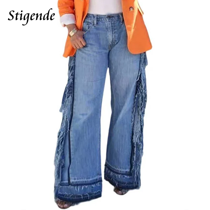 

Stigende женские лоскутные джинсы в стиле пастушки с боковой бахромой и кисточками джинсовые брюки уличная одежда