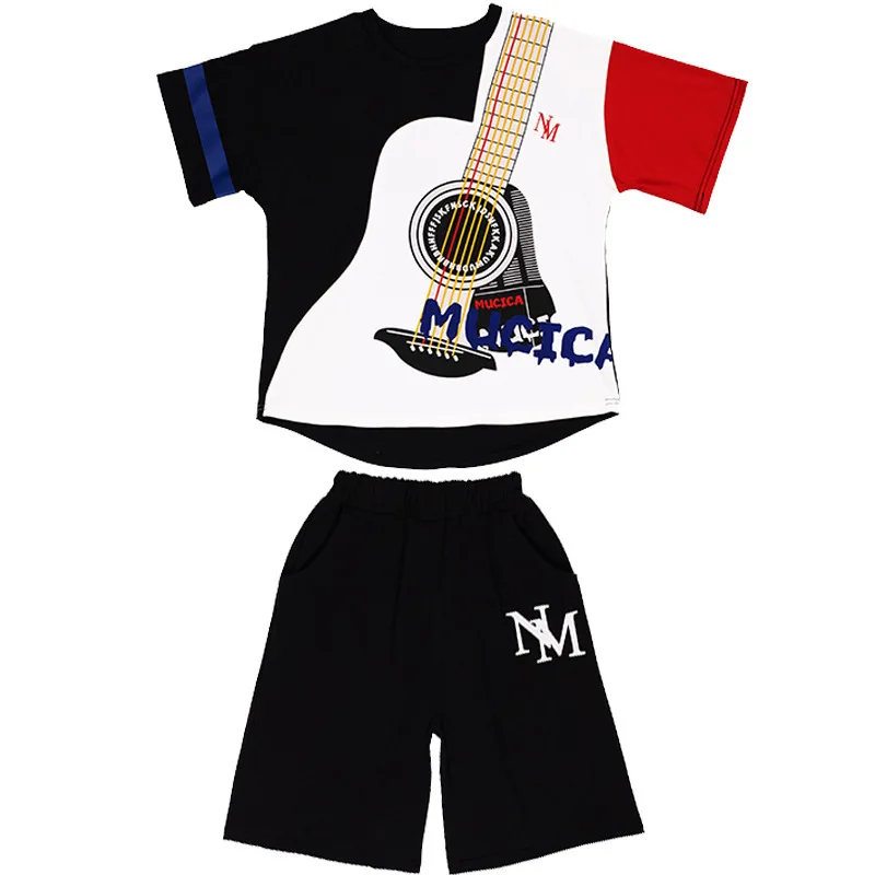 2024 Summer teenager Boys Sports Suit print T Shirt + hip hop shorts Pants Kids Clothes Tracksuit 4 5 6 7 8 9 10 11 12 Years