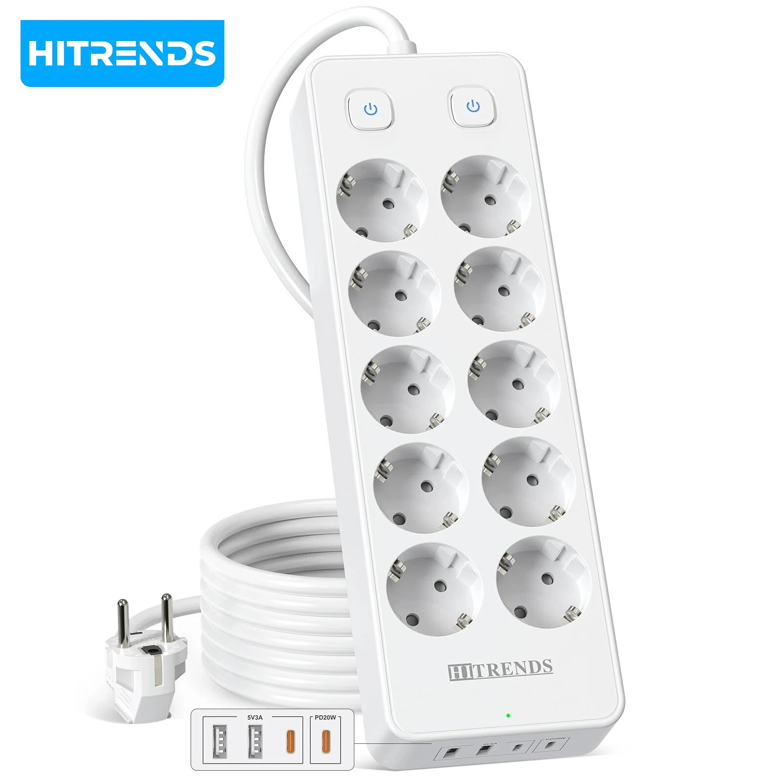 

10 AC Outlets + 4 USB (2C2A), PD20W Fast Charging, Dual Safety Switches, Wall Mountable, 2M Cable - HITRENDS