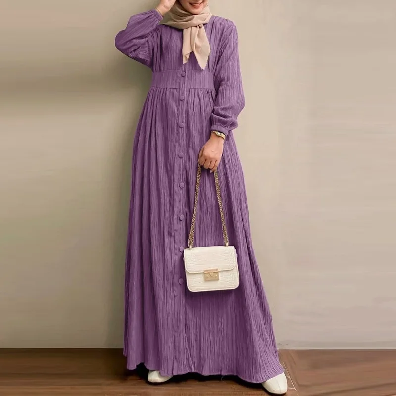 

Elegant Vintage Polyester Abaya for Muslim Women Modest Style with Puff Sleeves Solid Color Large Size Abaya Dress