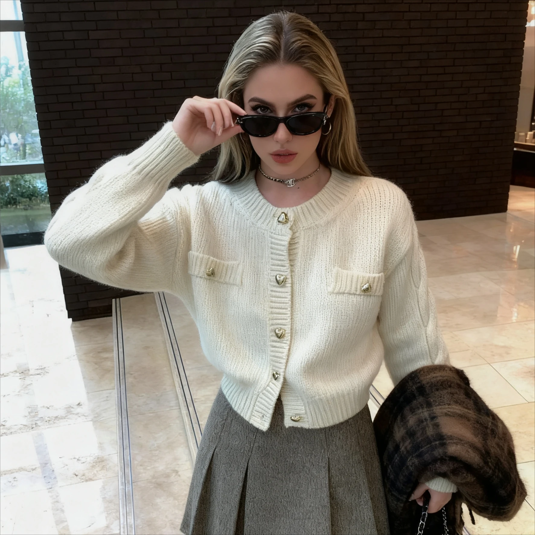 

Women's Preppy Style Cable Knit Cardigan, Soft Knitted Fabric, Cream/Grey, Heart - Shaped Buttons, Trendy Cropped Sweater