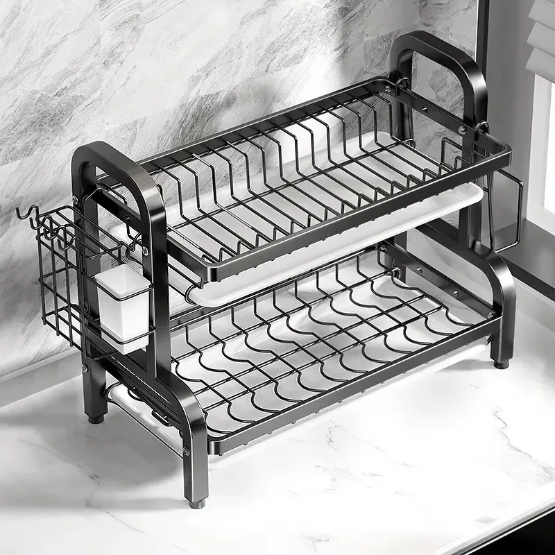 Drain Rack Stainless Adjustable Multifunctional 2 Tier Dish Bowl Drain Rack with Drainboard for Cutlery Storage Holder Supplies