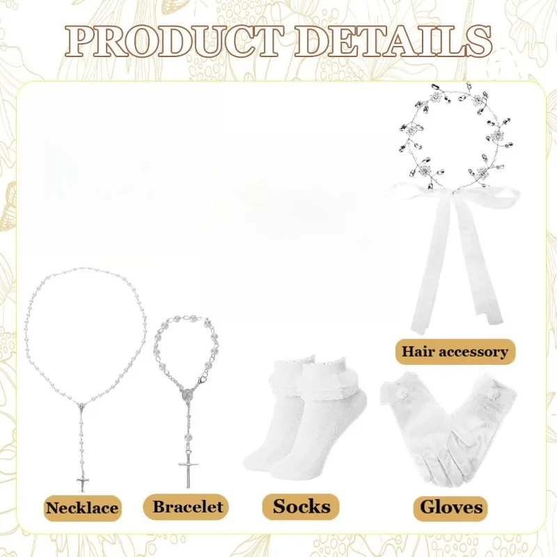 First Communion Veil for Girls Catholic 1st Holy Communion White Bow Headpiece Accessories Set Dress Up Party Supplies 4