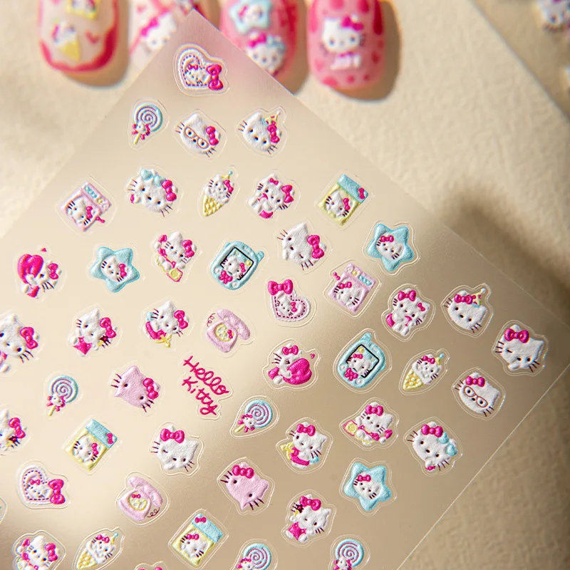Naklejki na paznokcie Sanrio Pink Kawaii KT Cat 5D, tłoczone, urocze, kreskówkowe naklejki na paznokcie Hello Kitty, dekoracja.