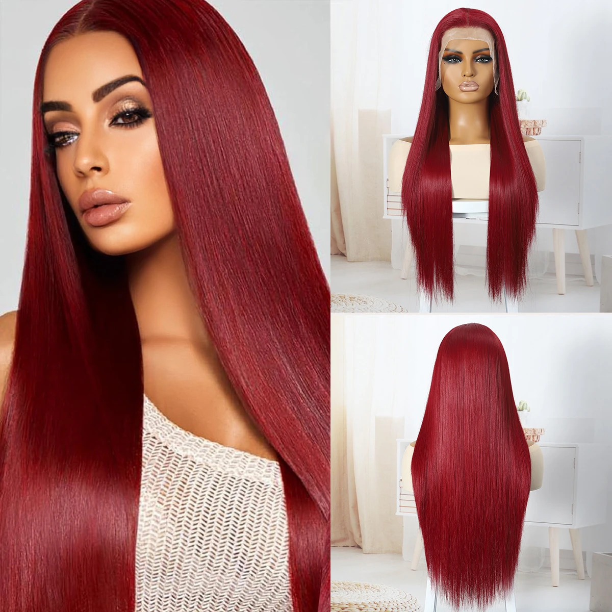 13*4 Lace Front 150 Density 26inch Synthetic Lace Wigs Straight hair Wig Red Glamorous Cosplay Wigs Versatile Style Fashion