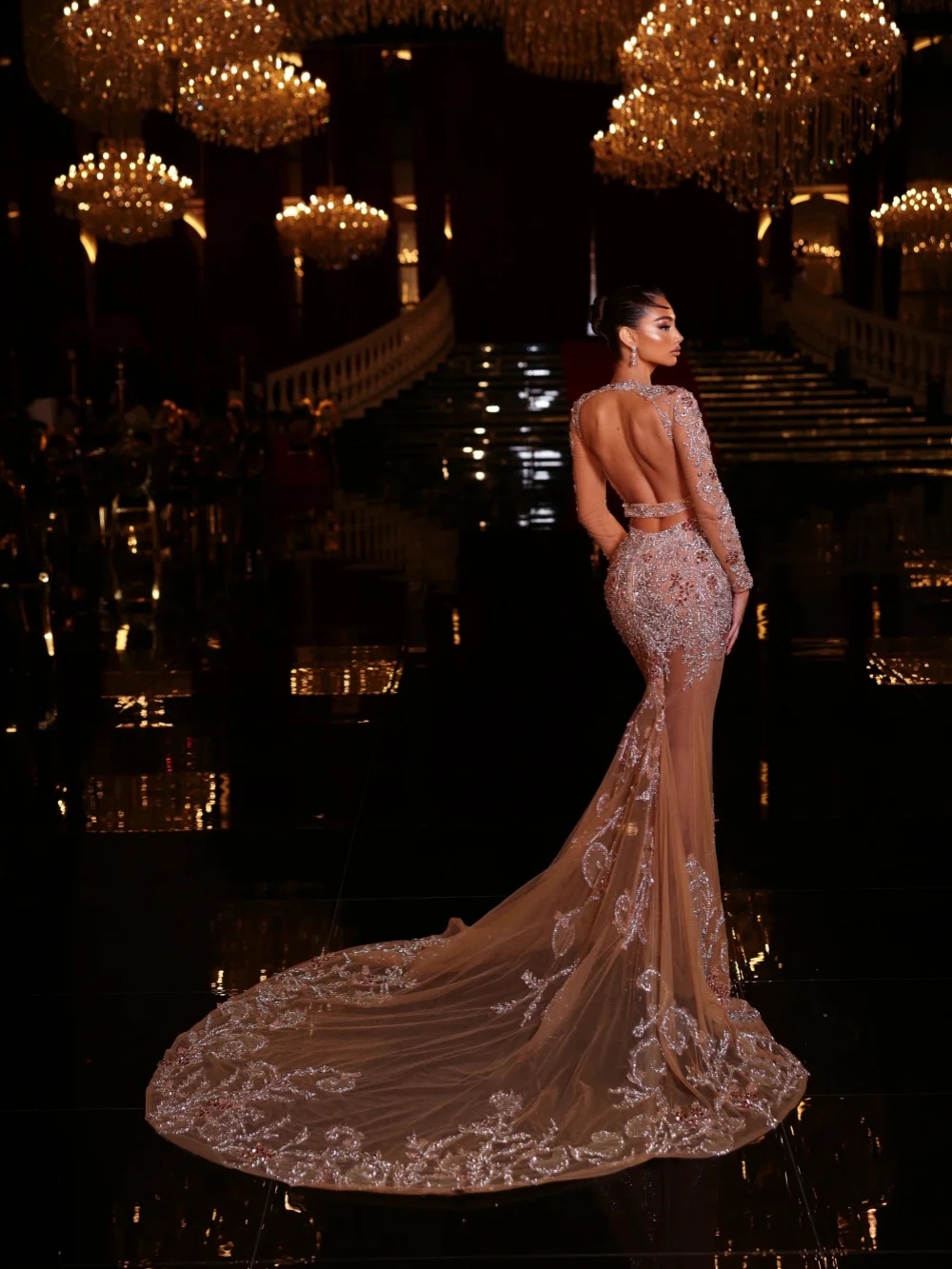 Vestido de noite floral de cristal cintilante até o chão requintado sereia vestido de festa de casamento ilusão personalizada vestido de tapete vermelho