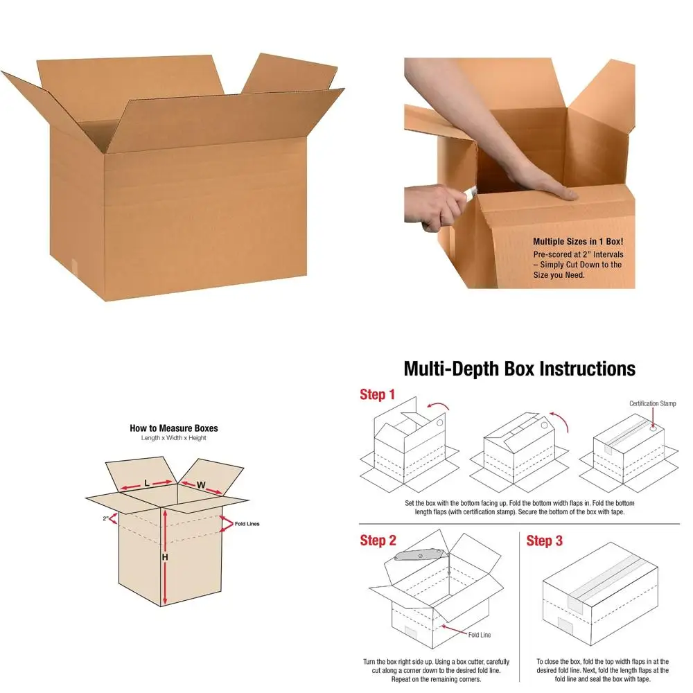 Multi-Depth Corrugated Boxes, 26x18x16 Inches, Kraft, Pack of 10, Heavy Duty Shipping Boxes