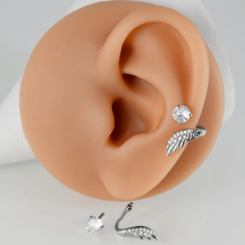 1Pair Stainless Steel Wing Cartilage Earrings Clear Zircon Ear Cartilage Tragus Internal Thread Helix Daith piercing Jewelry 20G