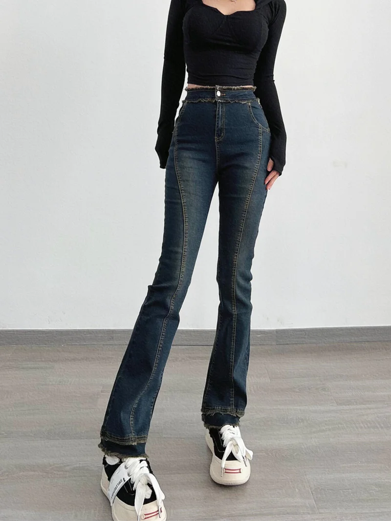 American Style Raw Edge Slightly Flared Jeans Women Show Thin Spring Dark Blue Straight Horn Jeans Hot Girls  C983