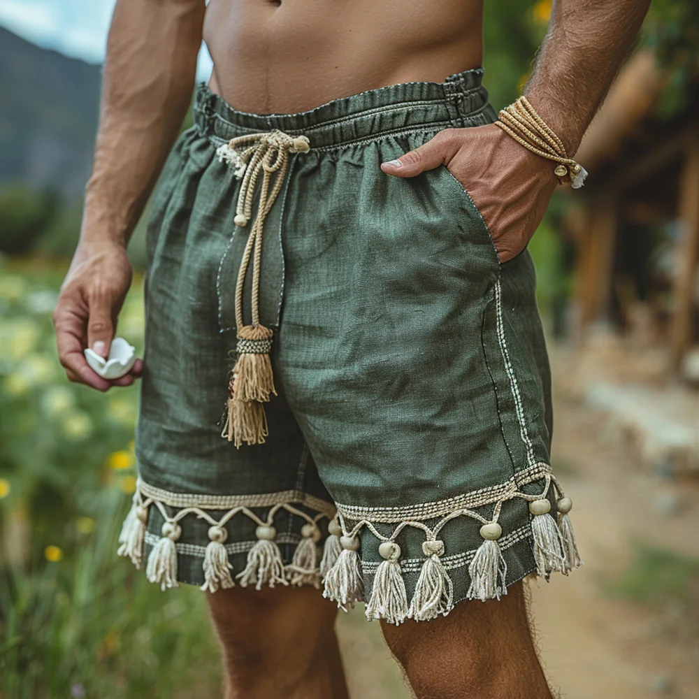 

Mens Shorts Beach Boho Holiday Vacation Shorts Retro Ethnic Style Tassel Trim Shorts Unique Wear Casual Festival Shorts Summer