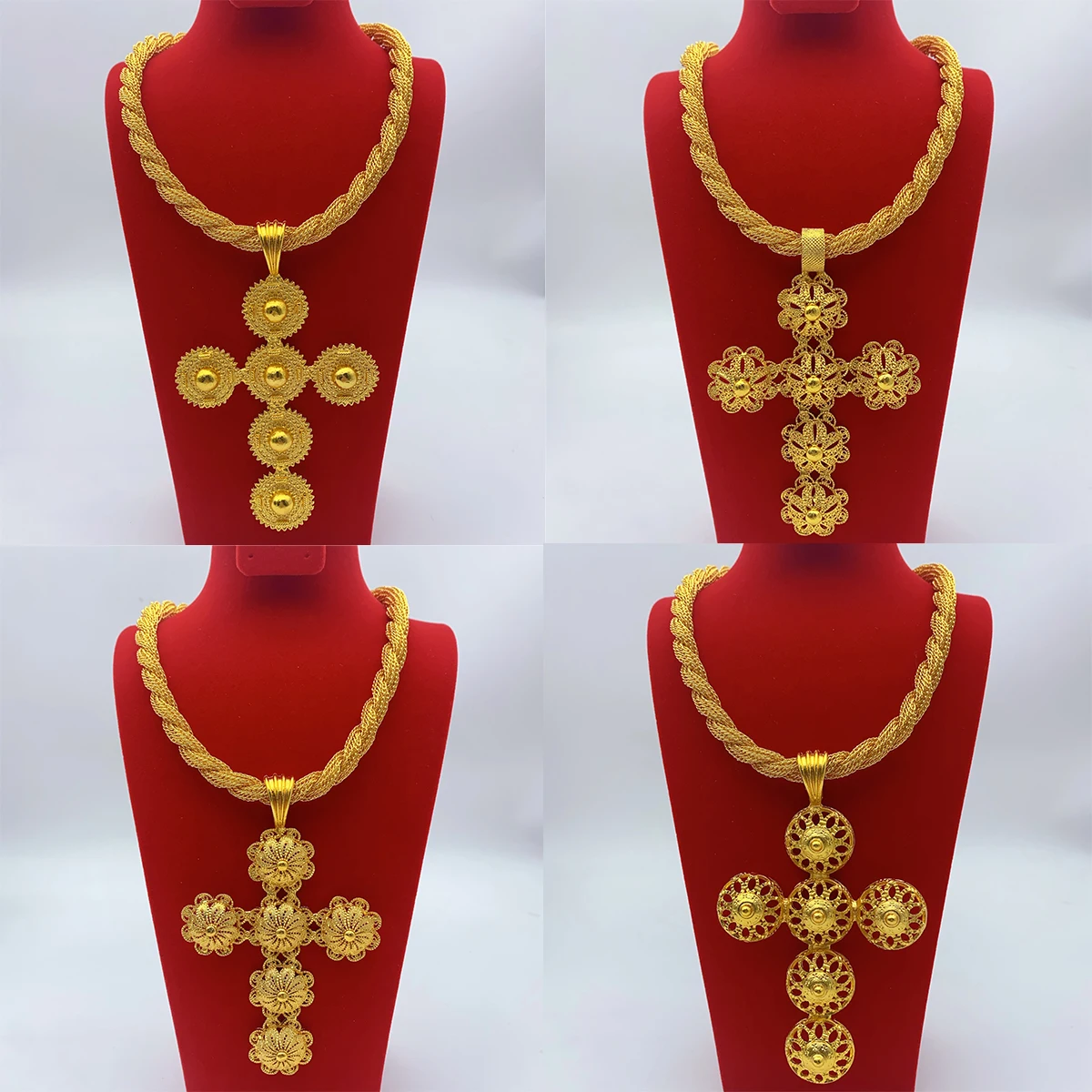 Collar con colgante de Cruz chapado en oro de 24K africano etíope para hombres y mujeres, cadena giratoria, accesorios de joyería de moda, regalo de fiesta
