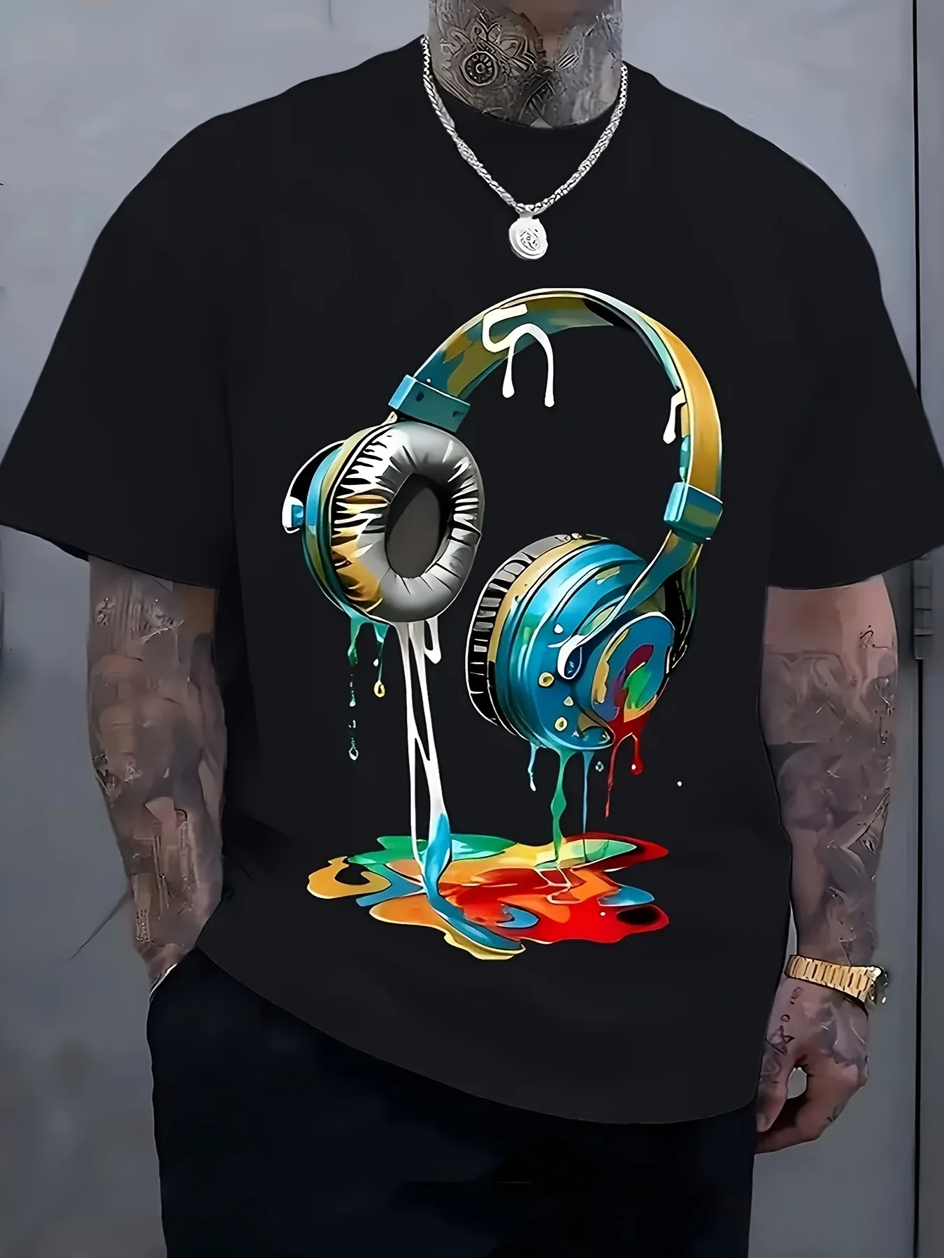 Men's Streetwear Pattern T-Shirt - Vivid Headphones and Paint Splash Prints, Breathable Fabric, Loose Casual Summer T-Shirt, Machine Washable, Casual Wear