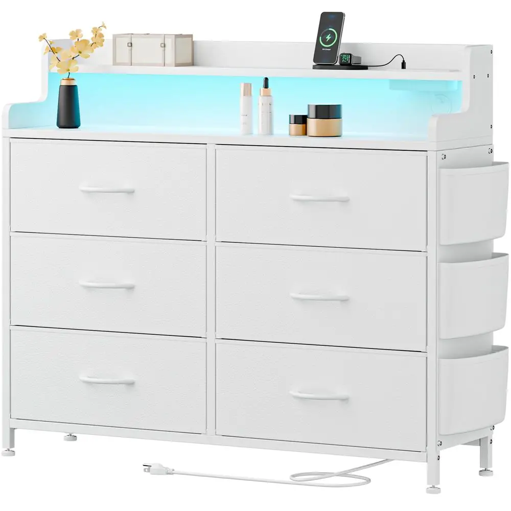 White Dresser for Bedroom 6 Drawers Fabric Dressers for Bedroom with LED Light amp Charging Station Adults Chest of Drawers for