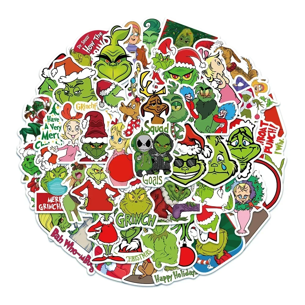 50pcs Green People Grinch Stickers Christmas Max Decal Kids Toy Scrapbook Diary Phone Laptop Guitar Graffiti Waterproof Stickers