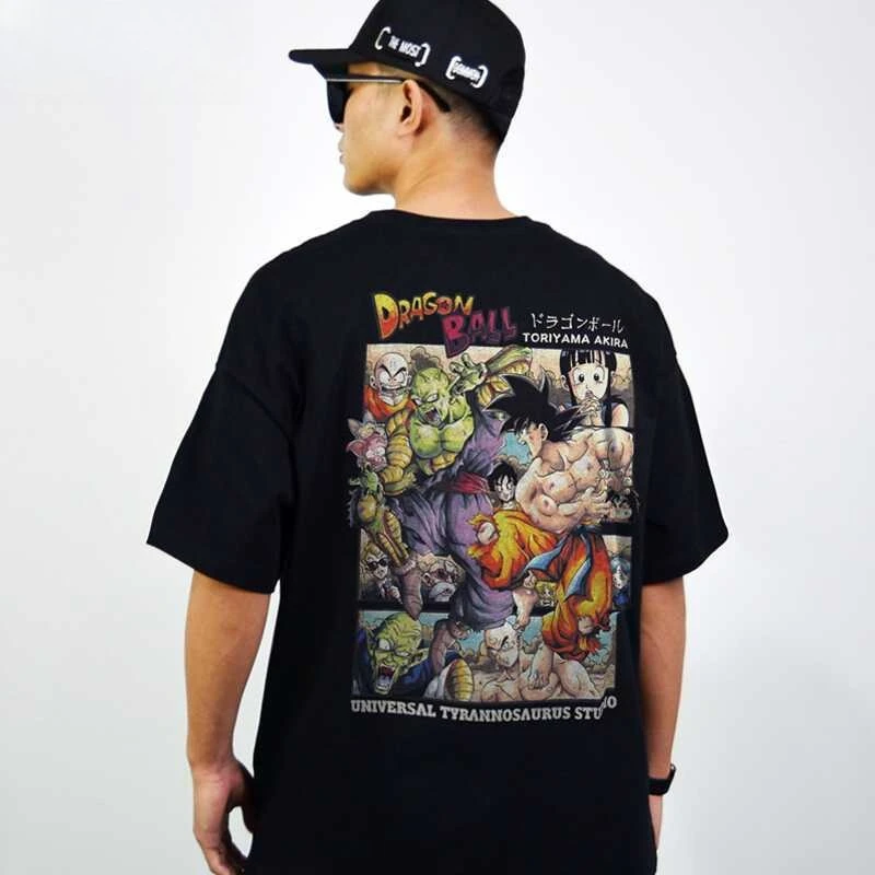 Bandai genuíno 2026 nova tendência da moda dragon ball goku impresso plus size masculino tripulação pescoço topo solto casual manga curta