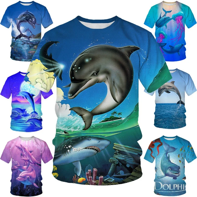 New Fashion Funny Dolphin 3D Printed T-shirt Men's and Women's Casual Short Sleeve Personality Hip Hop Cartoon Dolphin Shirt Top