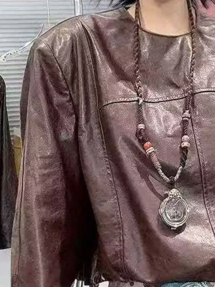 オフィス女性ラウンドネック本革ショートジャケットルーズソリッドカラーシープスキンジッパー長袖牛革アウター
