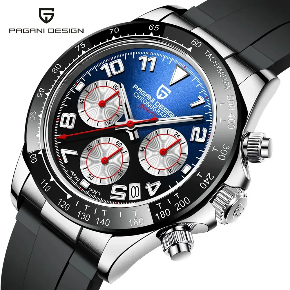 PAGANI DESIGN Luxury Brand Rubber Quartz Chronograph Watch Men Japan VK63 Movt Sapphire Glass Waterproof Clock Reloj Hombre