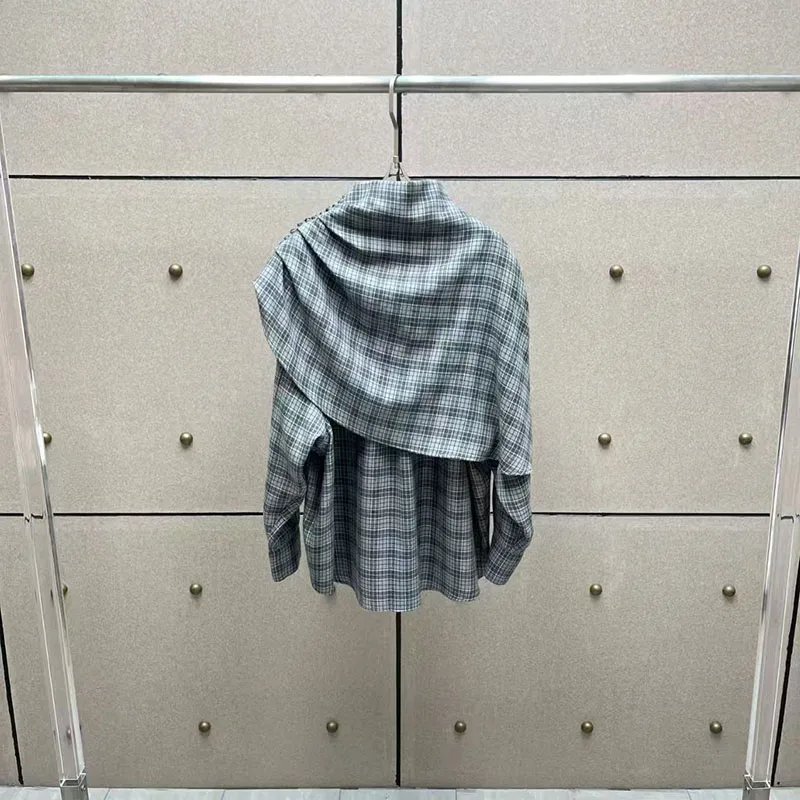 

Women's Plaid Shirt with Shawl Collar, Asymmetrical Multi-Wear Top, Fashionable Versatile Shirt, 2026 Spring New Arrival, Y2K