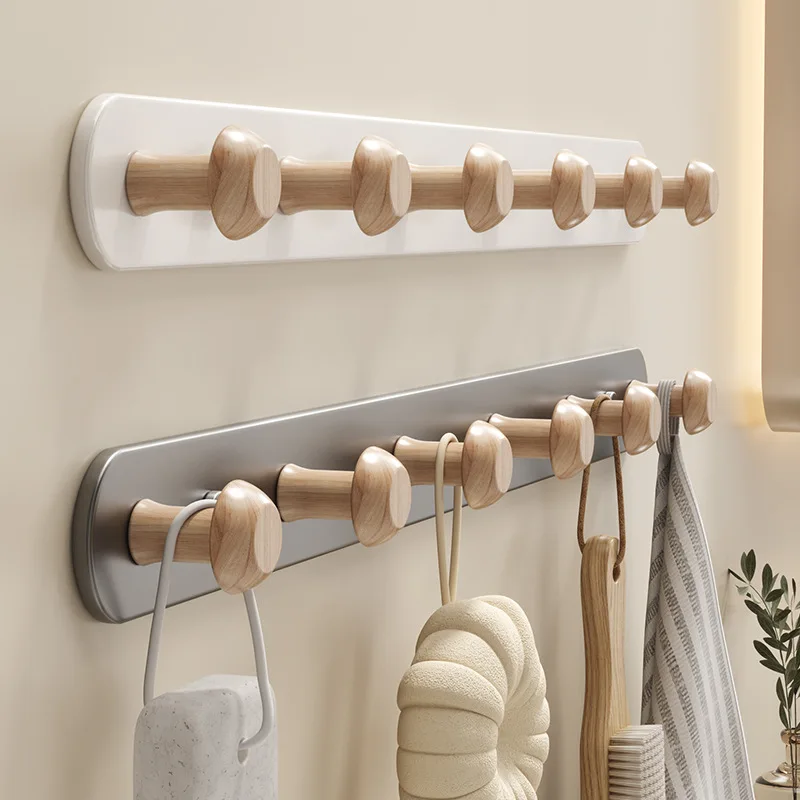 Eleganter Wandmontierter Kleiderhaken, Holzkugel-Haken & Metallbasis, Bohrfreie Klebemontage, für Küche Bad Flur