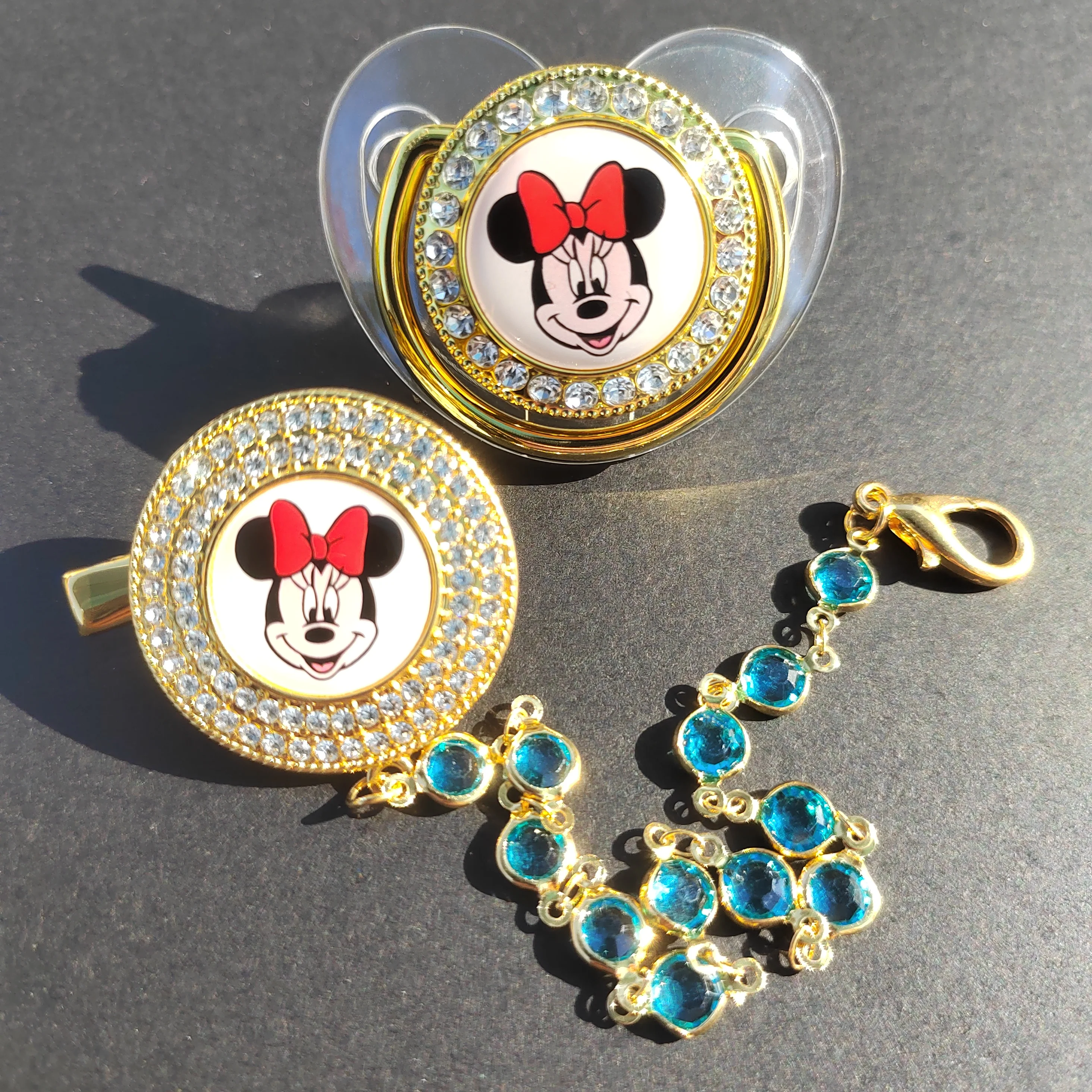 Luxury Clear Gold baby pacifier Clip Minnie Mouse Baby pacifier Silicone baby teat Bling Diamond pacifier chupetes para bebes