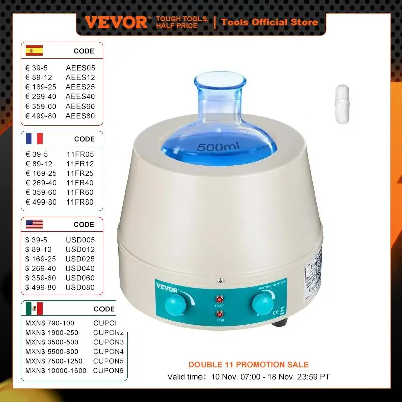 VEVOR 500ML Knob Magnetic Agitador 0-1600RPM Liquid Heating Mantle Stirrer Hot Plate Vortrx Mixer Shaker for Chemical Laboratory