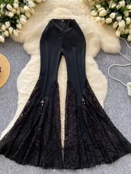 Y2K Gothic Black Velvet Pants Women High Waist Mesh Splice Lace Design Fashion Streetwear Skinny See Through Flared Long Pants