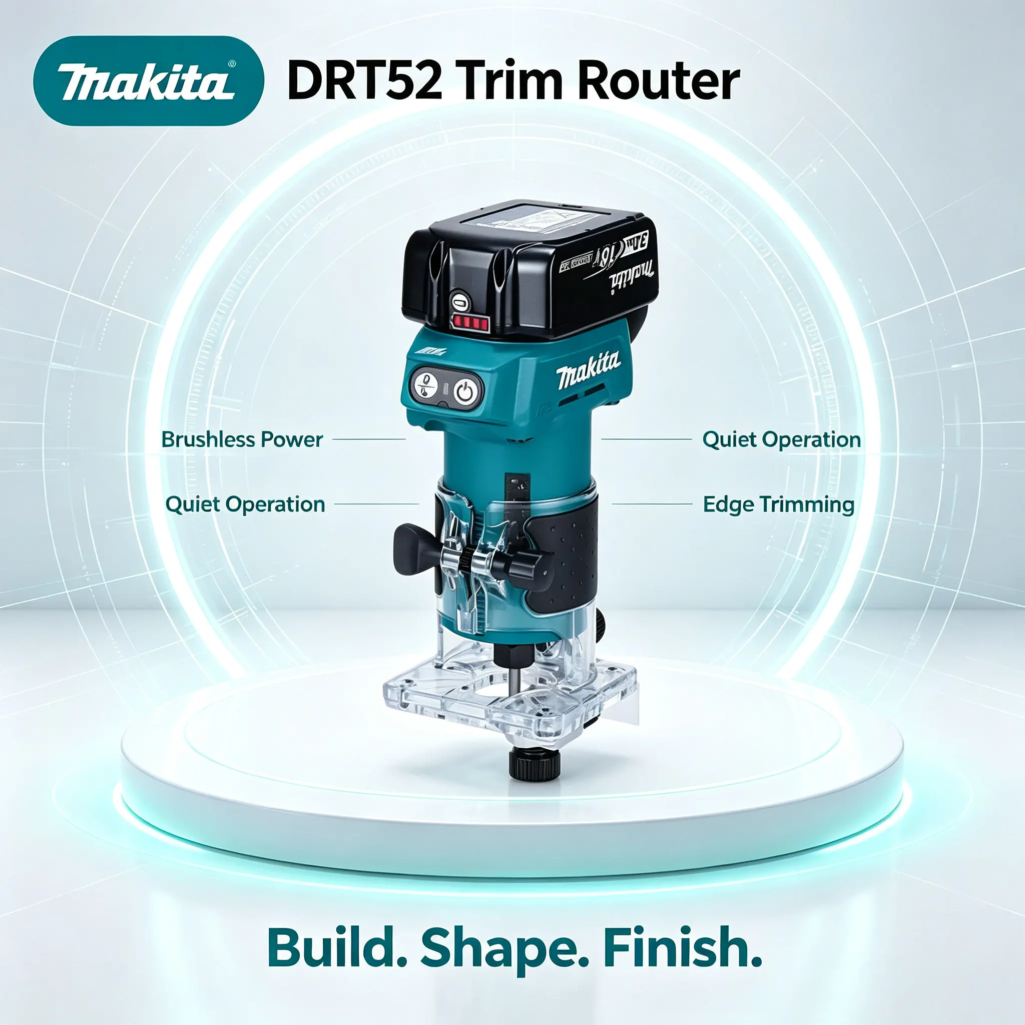 Professioneller Makita DRT52 18V LXT Akku-Kompaktfräser – Vielseitiger Multifunktions-Holztrimmer für Möbelmodifikation, Türrahmenbearbeitung, Kantenfräsen und präzises Schlitzen von Nuten.