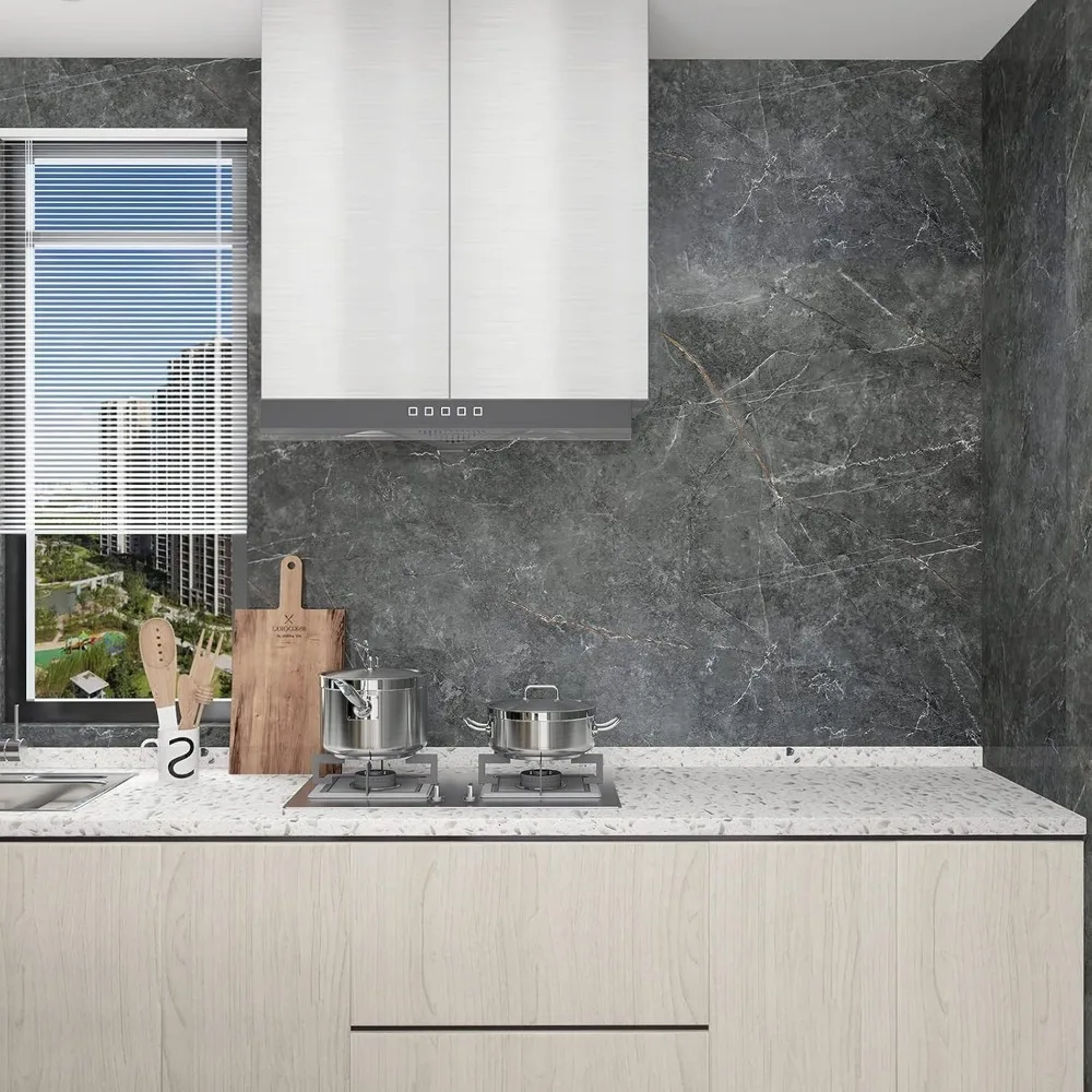 Extra Wide Gray Marble Countertop Contact Paper Waterproof Peel Stick for Kitchen Glossy Finish, Wide Countertops Protection