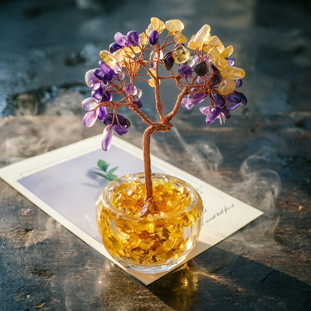 

130mm Crystal Money Tree Natural Stone Healing Gemstones Copper Wire Wrapped Quartz Potted Plant Crafts Home Decor Lucky Gifts