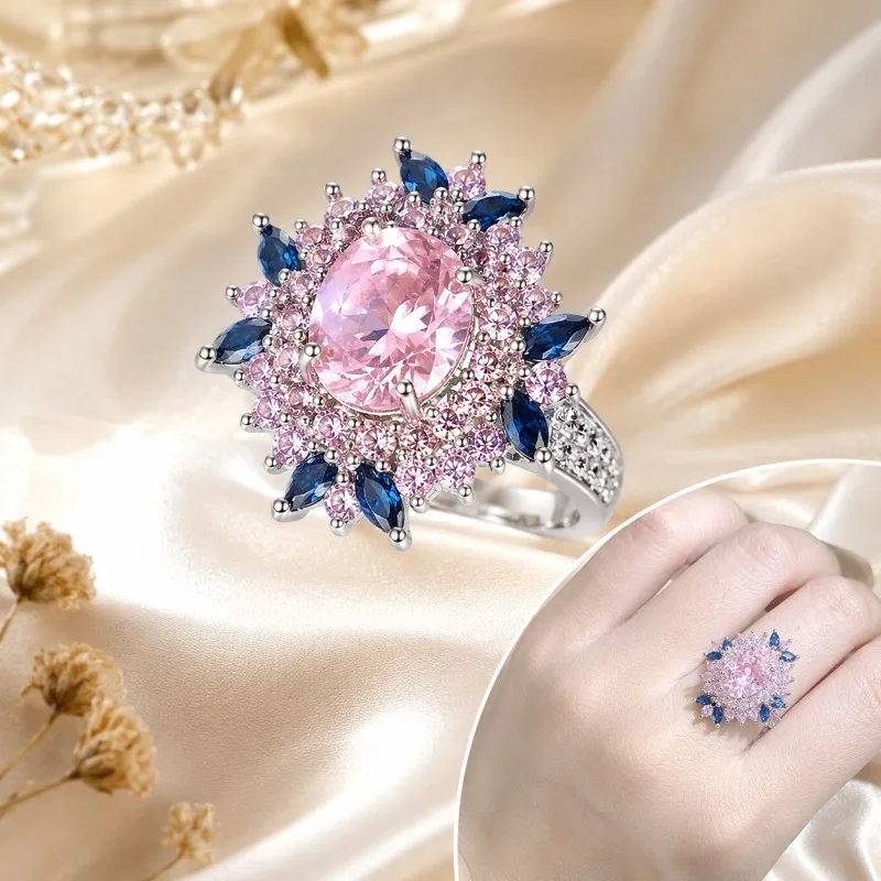 Diamond Ring Pink and Blue Diamond Inlaid Ring Flower Design Fashion Elegant Gorgeous Ring Female Wedding Banquet Party Gift