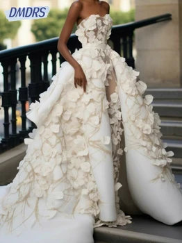 فساتين زفاف رومانسية بدون حمالات زهور ثلاثية الأبعاد مخصصة من الساتان الفاخر مع ذيل قابل للانفصال فستان زفاف أنيق فيستدو دي نوفيا