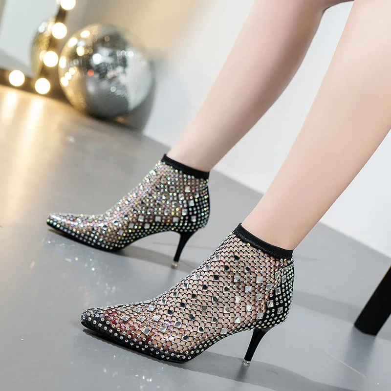 Fashion Women Pumps Feamle Mesh Thin Hig Heels Pointed Toe Shoes Ladies Crystal Hallow Out Slip On Sexy Design Footwear 2024 New