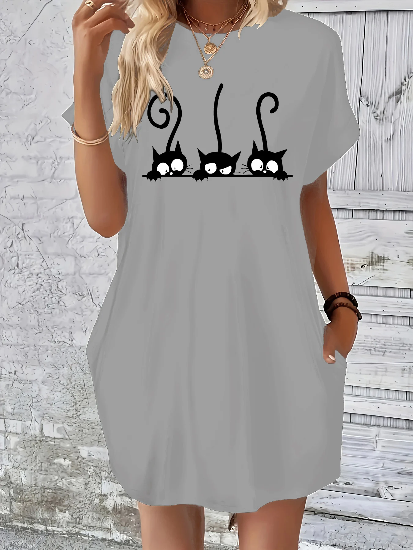 

Ladies' summer loose and fashionable cat pattern printed round neck short sleeved pocket comfortable casual plus size dress