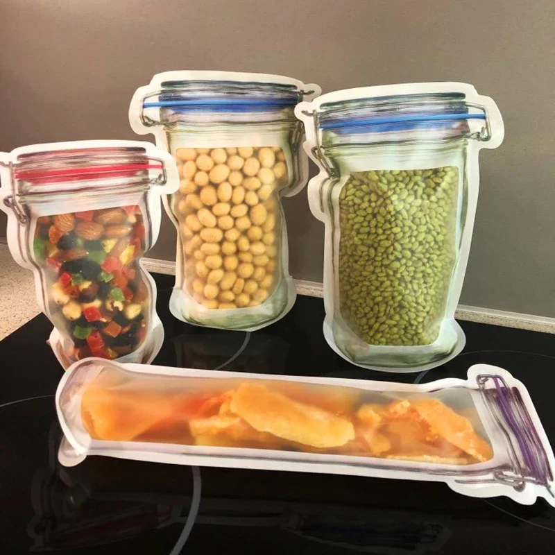 Mason Jar Zipper Bags Stand-Up Food Storage Snack Candy Bags Reusable Airtight Seal Food Storage Bag Leakproof Kitchen Organizer