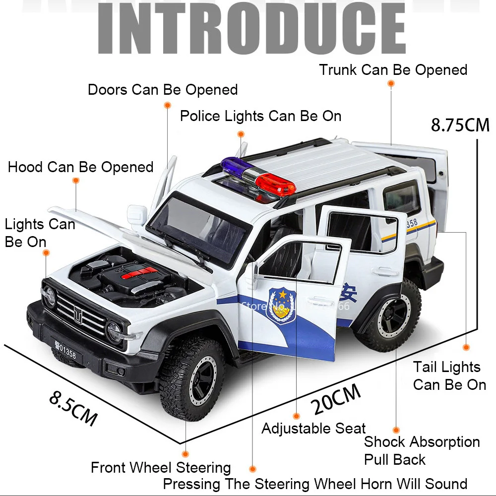 1:24 Alloy Tank 300 Model Diecast Toys Police Cars Light Sound Pull Back Miniature Vehicle 6 Doors Opened Car Toddler Kids Gifts