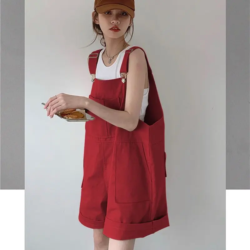 

2026 Summer Women Red Plus Size Denim Bib Shorts High Waist Loose Wide Leg Slim Fit Casual Overalls for Petite