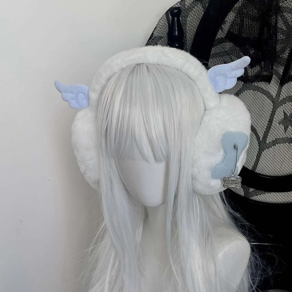 

Y2K Gothic Lolita Women Girls Punk Landmine Angel Wing Warm Earmuffs Furry Ear Cover Foldable Headband Accessories