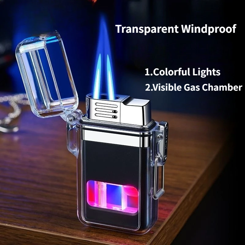 Transparent Windproof Outdoor Portable Lanyard Lighter Visible Gas Chamber Dual-flame Direct-flush Inflatable Lighter Men's Tool