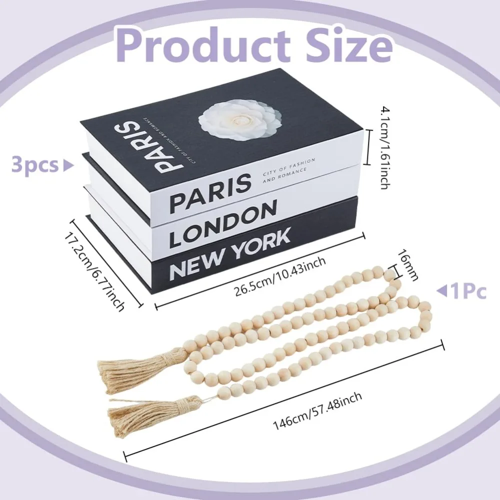 3Pcs Decorative Books for Home Decor Coffee Table Books Faux Book for Decoration Stacked Book with 1Pc Wood Beaded Pendant