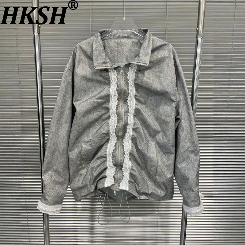 

HKSH весенне-осенняя новая женская куртка плиссированная кружевная бейка в стиле пэчворк контрастного цвета на молнии элегантная уличная одежда Y2K повседневное пальто HK11400