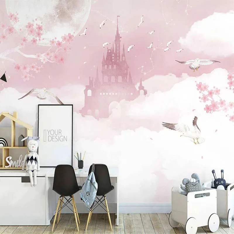 

Custom Any Size Mural Wallpaper Nordic Ins Hand-painted Pink Clouds Cute Castle Flowers Children Room Background Wall Painting