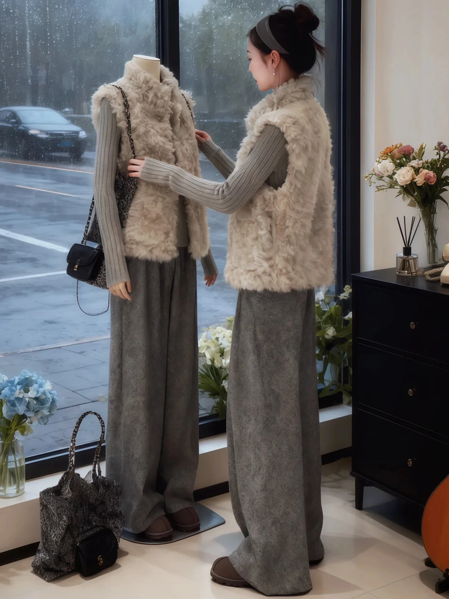 

Осенне-зимний корейский комплект из двух предметов: жилет из овечьей шерсти и брюки с широкими штанинами, милый облегающий крой, полиэстер, длинный рукав, цветной