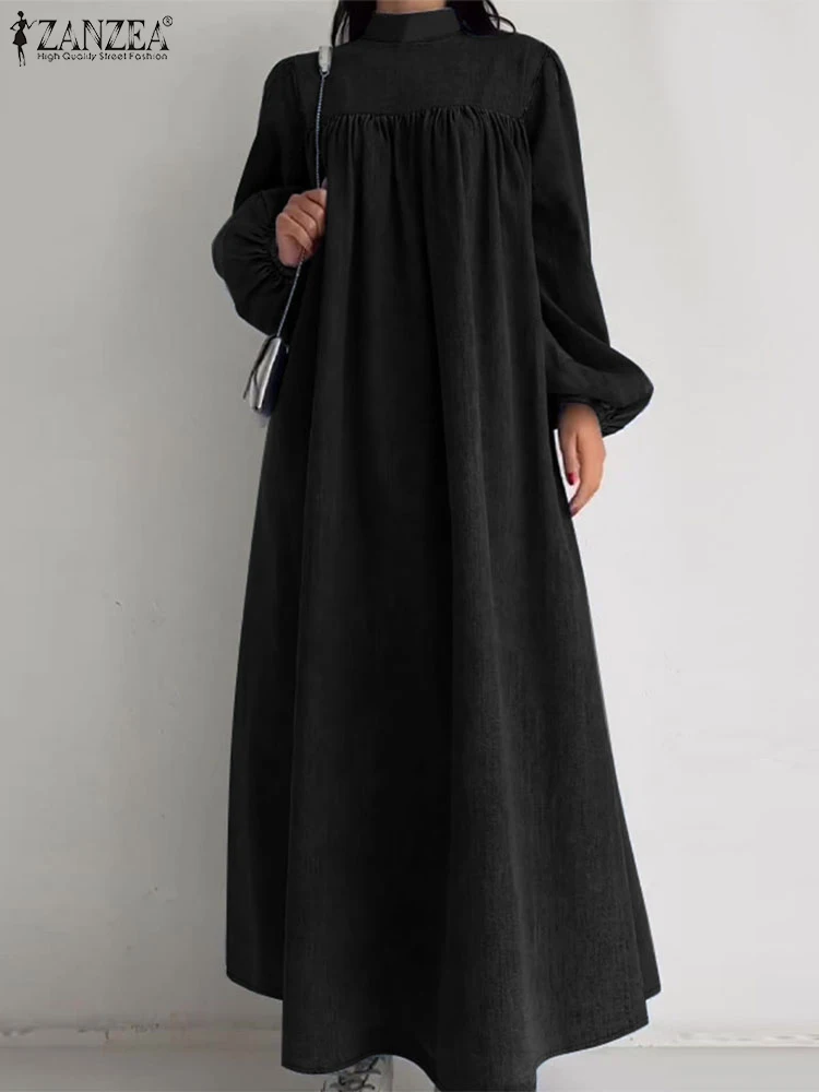 ZANZEA Lantern Long Sleeve Gathering Maxi Dress Casual Women Streetwear 2025 Spring Robes Stand Collar Denim Blue Long Vestidos