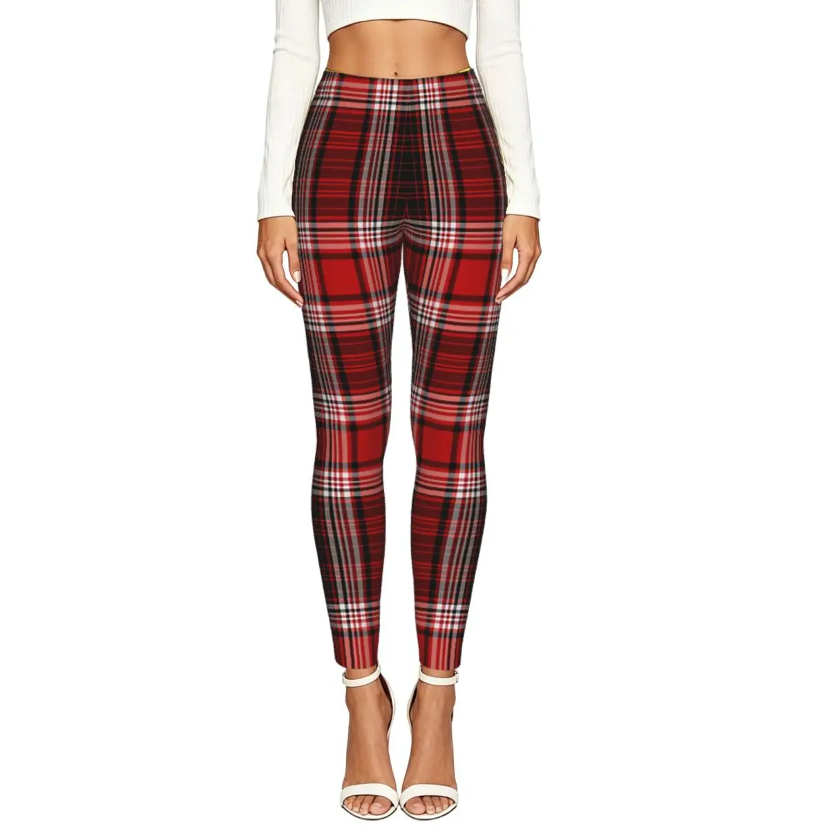 Women Full Length Elastic Leggings High Waist Tight Pants Nostalgic Striped Plaid Pattern Casual Bottoms
