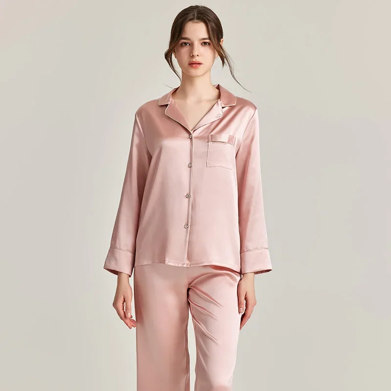 

22MM 100% Mulberry Silk Spring and Autumn Ladies Pajamas Nightwear Two-Piece Set Diamond Long Sleeve Trousers Loungewear Pajama