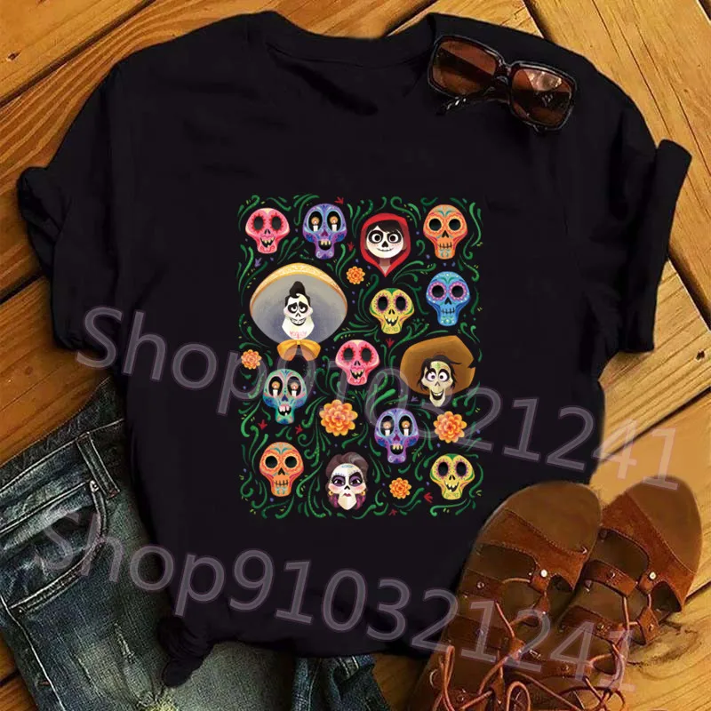 كوكو تي شيرت المرأة القوطية السكر الجمجمة القمم الكرتون الجرافيك الغيتار ميغيل تيز للجنسين Harajuku قميص أسود الملابس النسائية