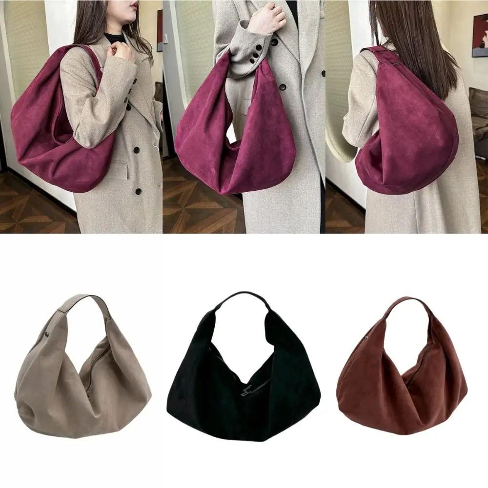 

Soft Leather Faux Suede Tote Solid Color Black Color Half Moon Shoulder Bag Quality Material Vintage Style