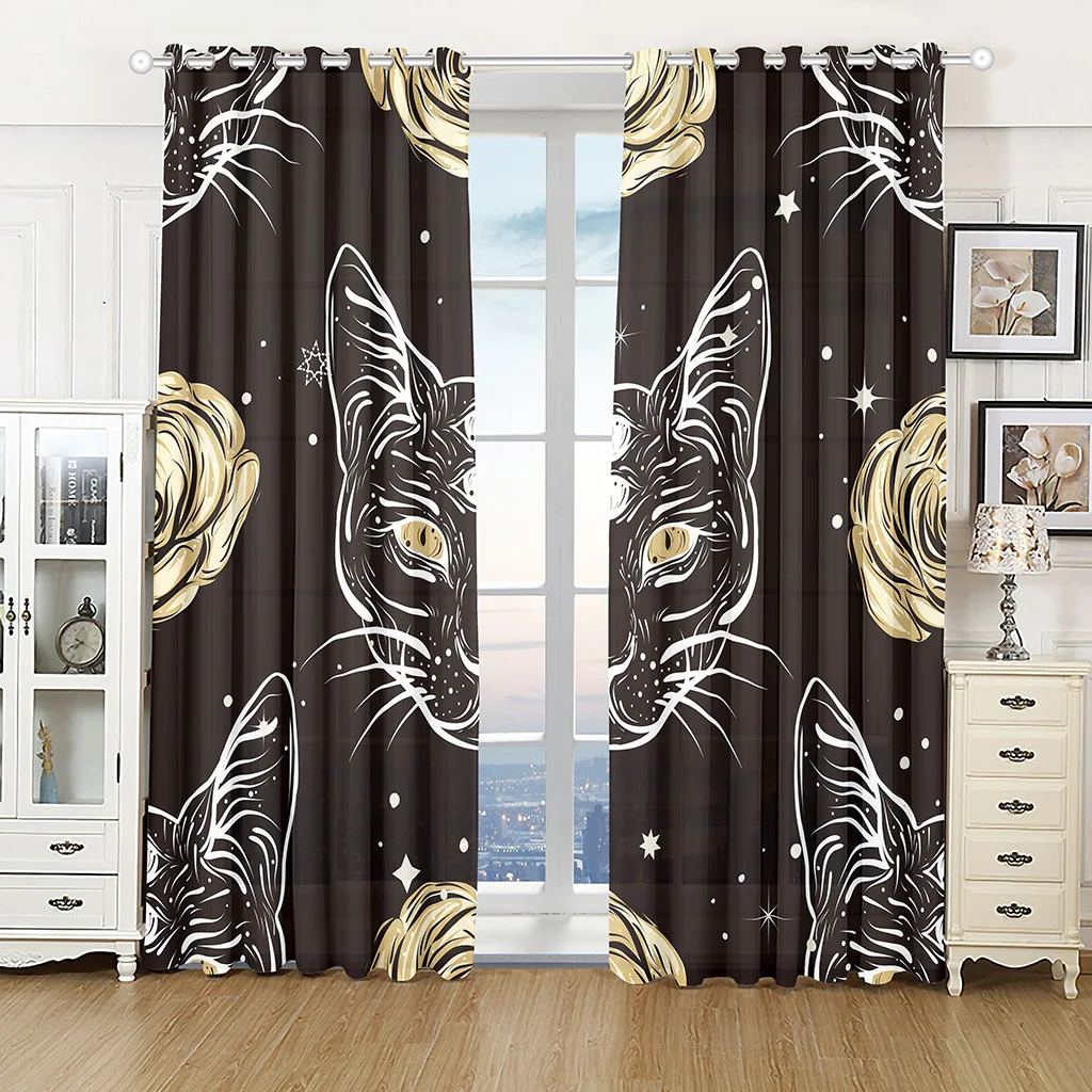 

3D Satanic Cat Pentagram Death Black Metal Printed Thin Semi-Shading Polyester Window Curtain for Bedroom Guest Living Room