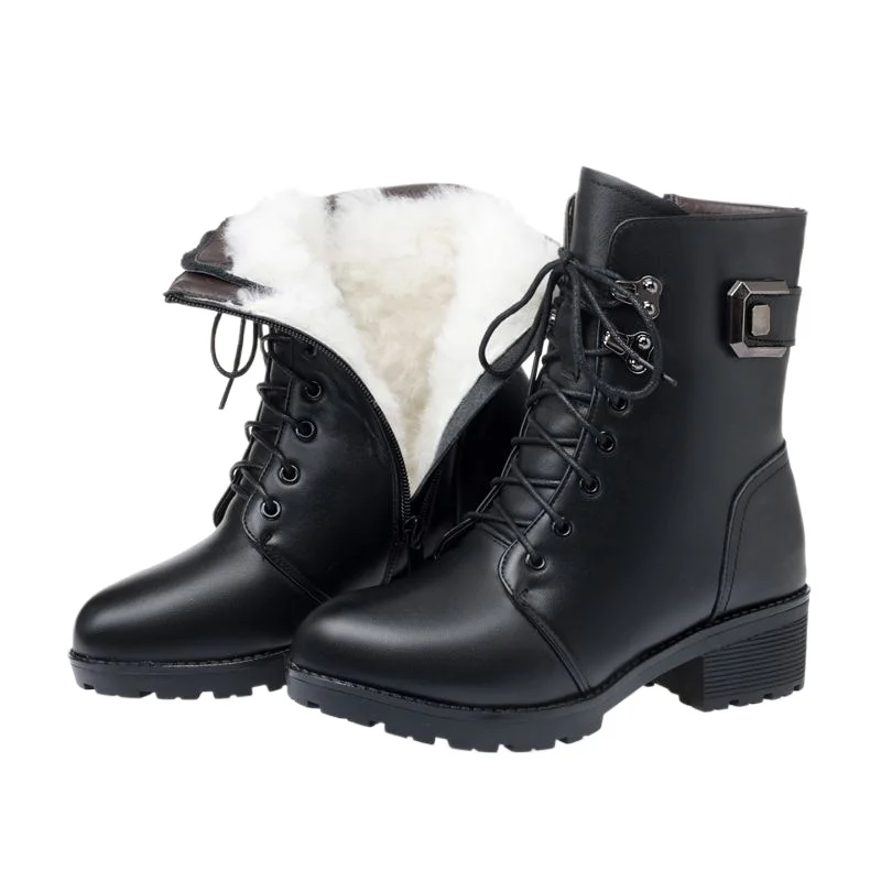 Free Shipping Warm Lined Women Winter Ankle Boots Lace Up Buckle Block Heel Non Slip Boots, Hot Pick